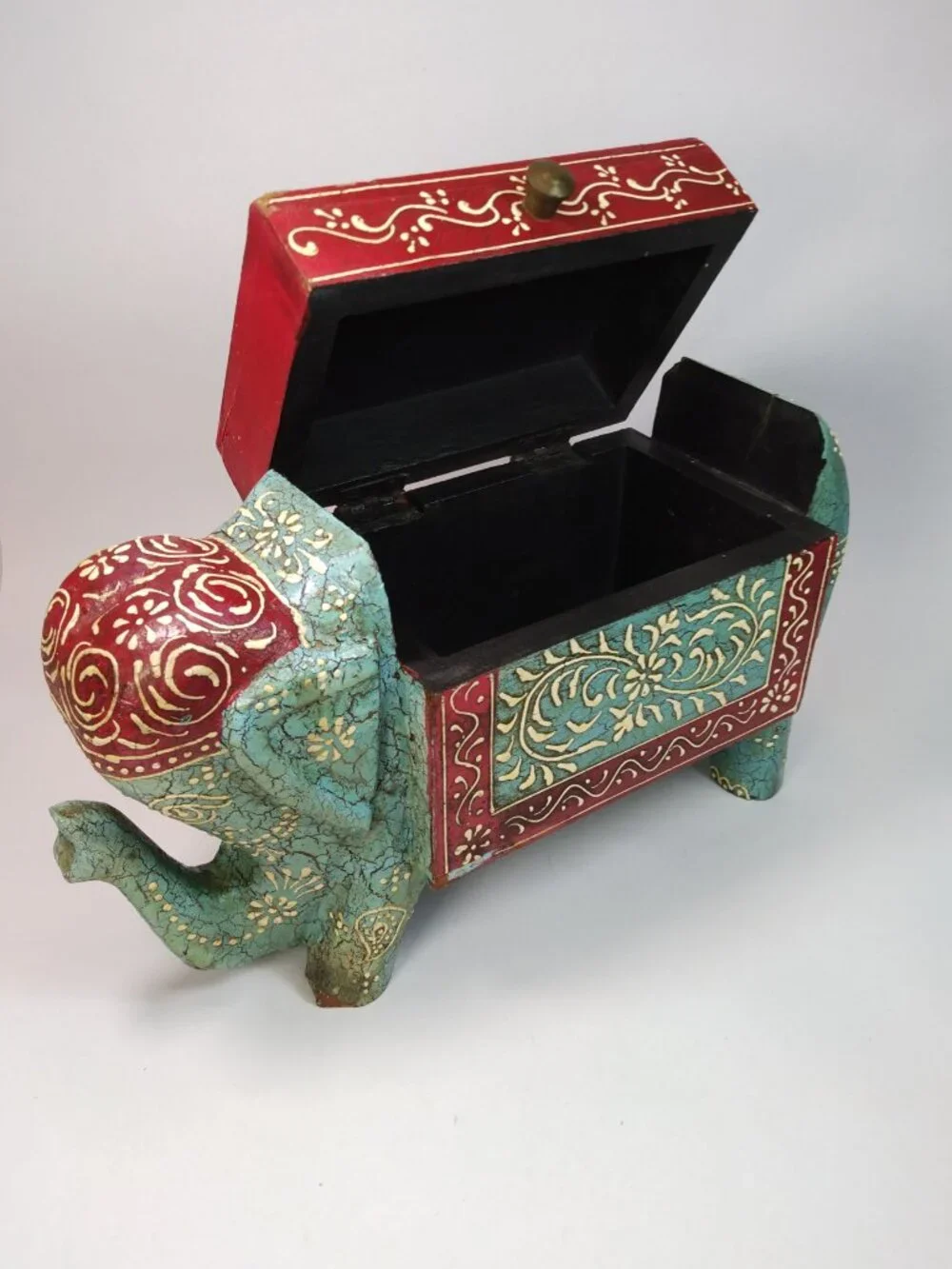 Hand Painted Wooden Elephant Jewelry Trinket Storage Box